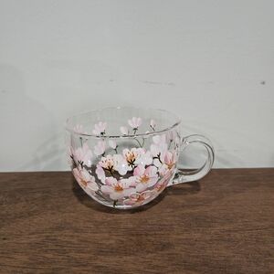 Hand painted Glass Cup with Pink and White Floral Design, Glossy Finish,